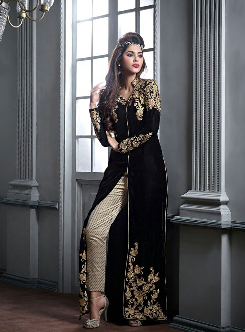 Black Velvet Pakistani Style Suit 65573