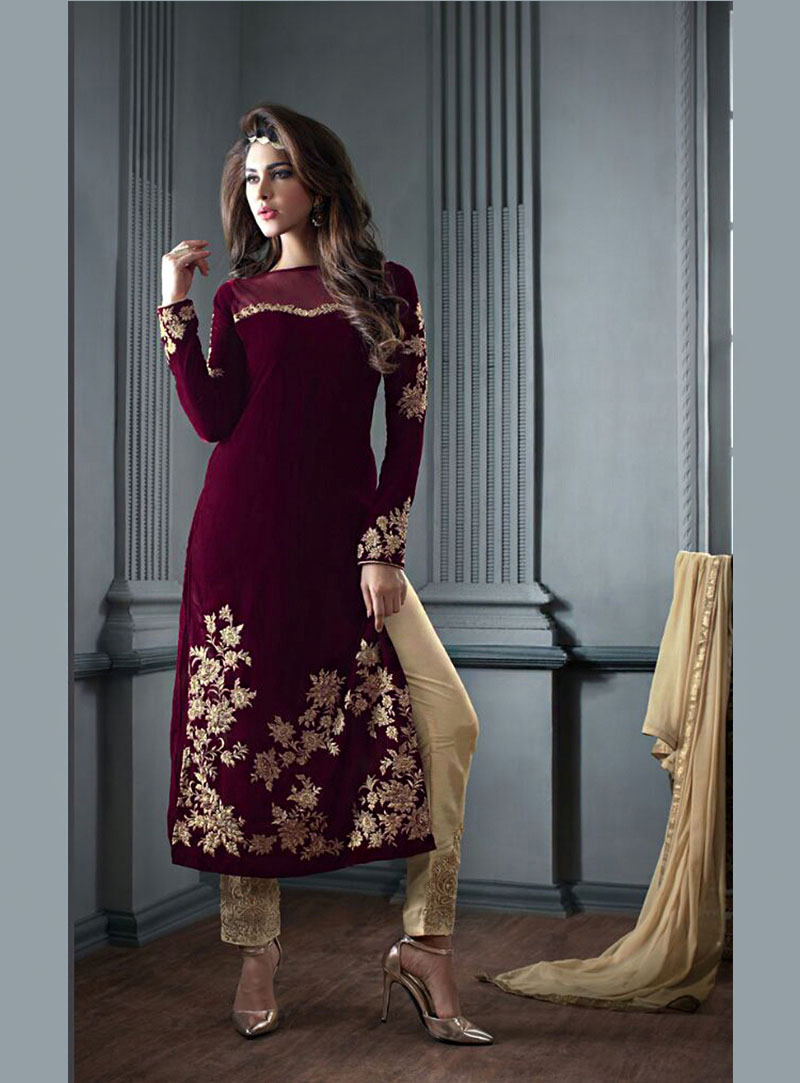 Maroon Velvet Pakistani Style Suit 65574