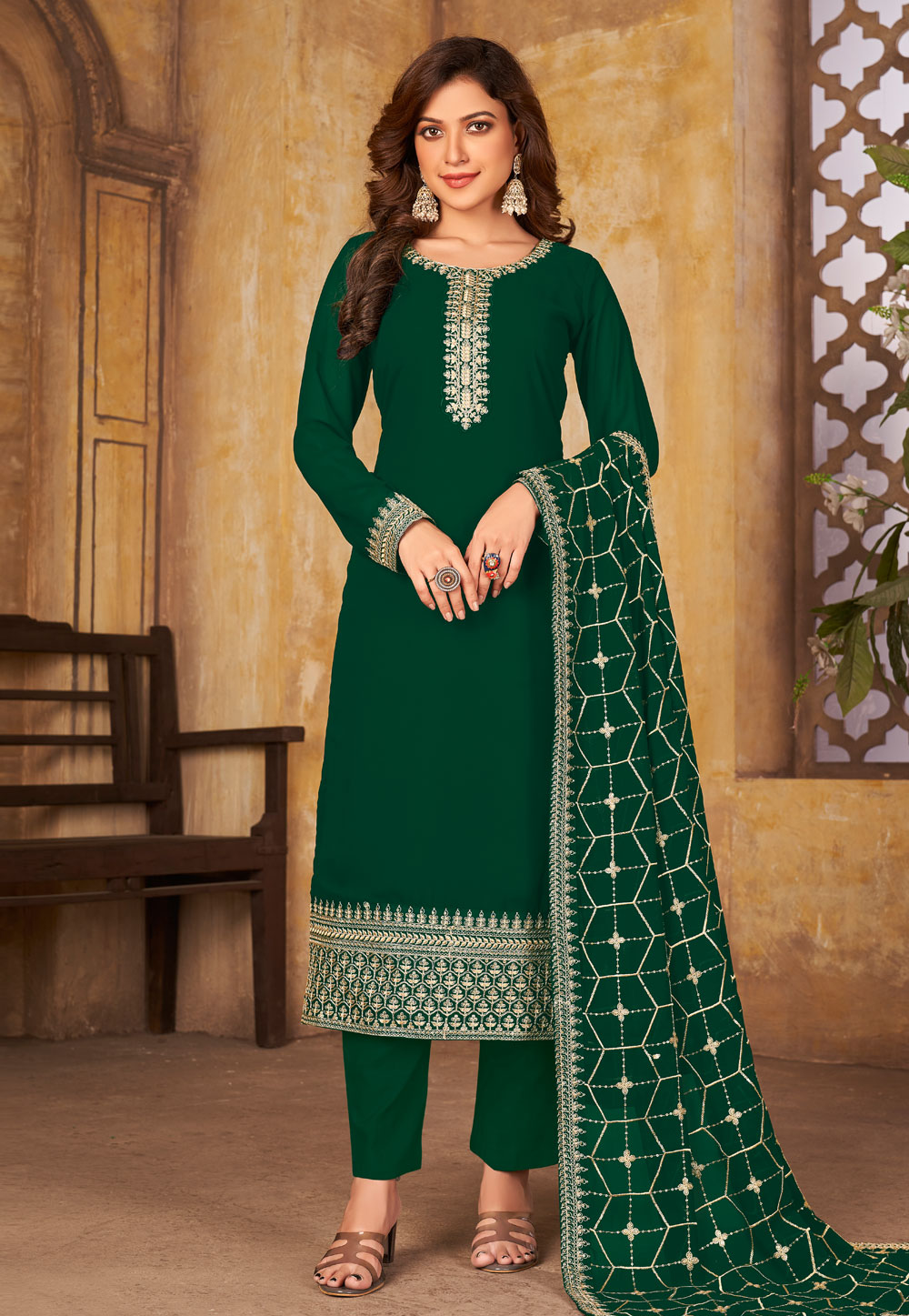 Green Faux Georgette Straight Suit 246723