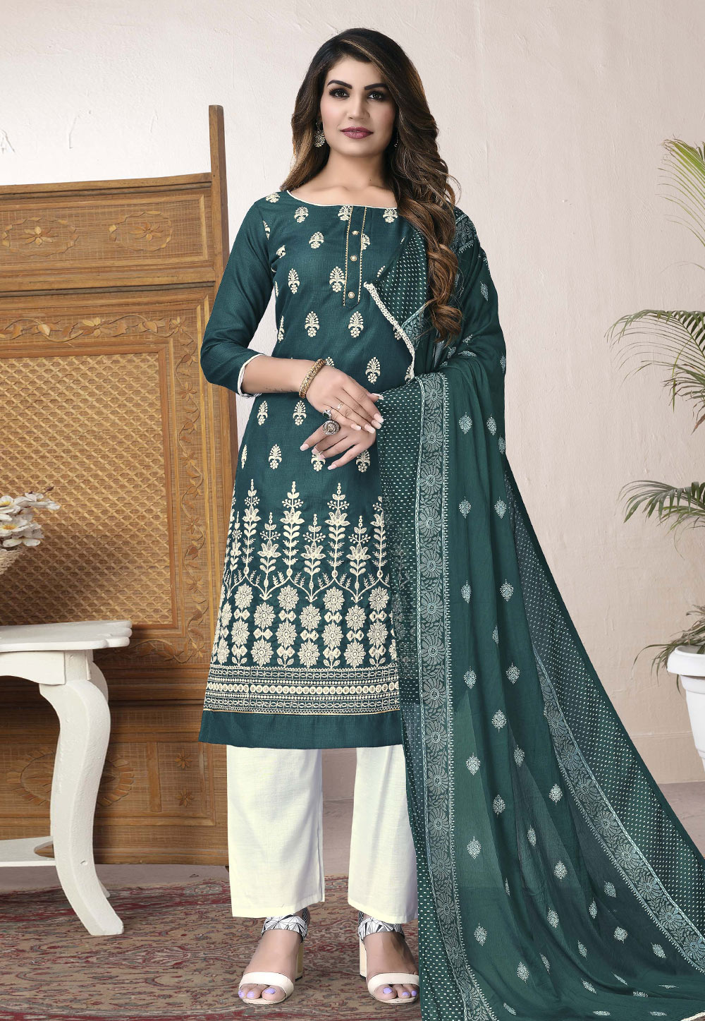 Teal Cotton Pakistani Palazzo Suit 246884