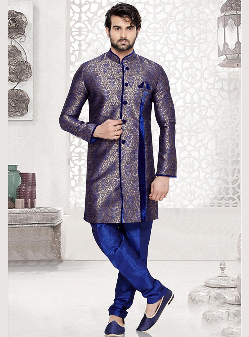Blue Art Silk Readymade Indo Western Suit 69418