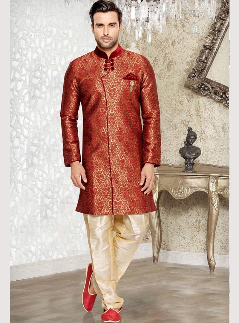 Red Art Silk Readymade Indo Western Suit 69419