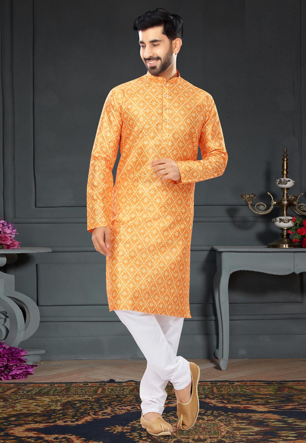 Orange Silk Kurta Pajama 258594