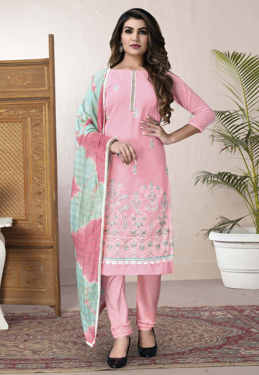 Pink Georgette Pant Style Suit 246885