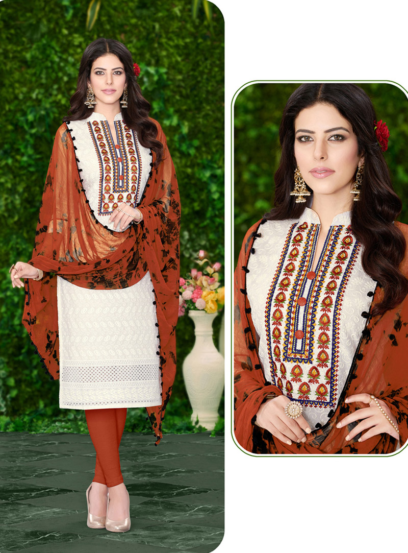 Off White Cambric Cotton Churidar Salwar Suit 130863