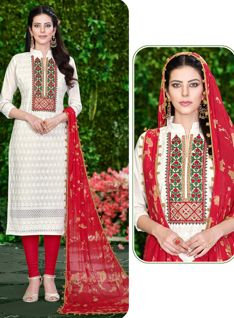 Off White Cambric Cotton Churidar Salwar Suit 130866