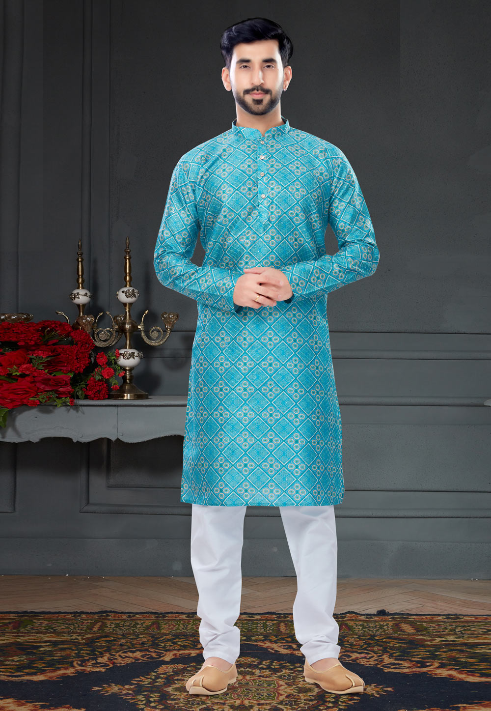 Turquoise Silk Kurta Pajama 258601