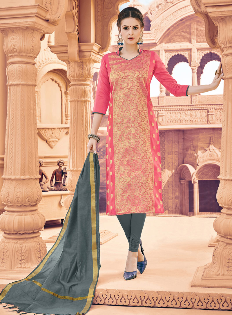 Pink Banarasi Silk Churidar Salwar Suit 131481