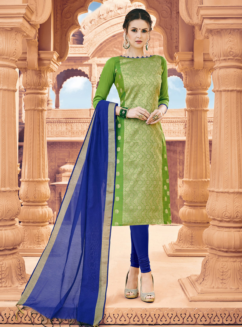 Green Banarasi Silk Churidar Salwar Suit 131485