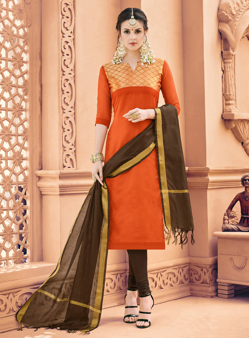 Orange Banarasi Silk Churidar Salwar Suit 131487