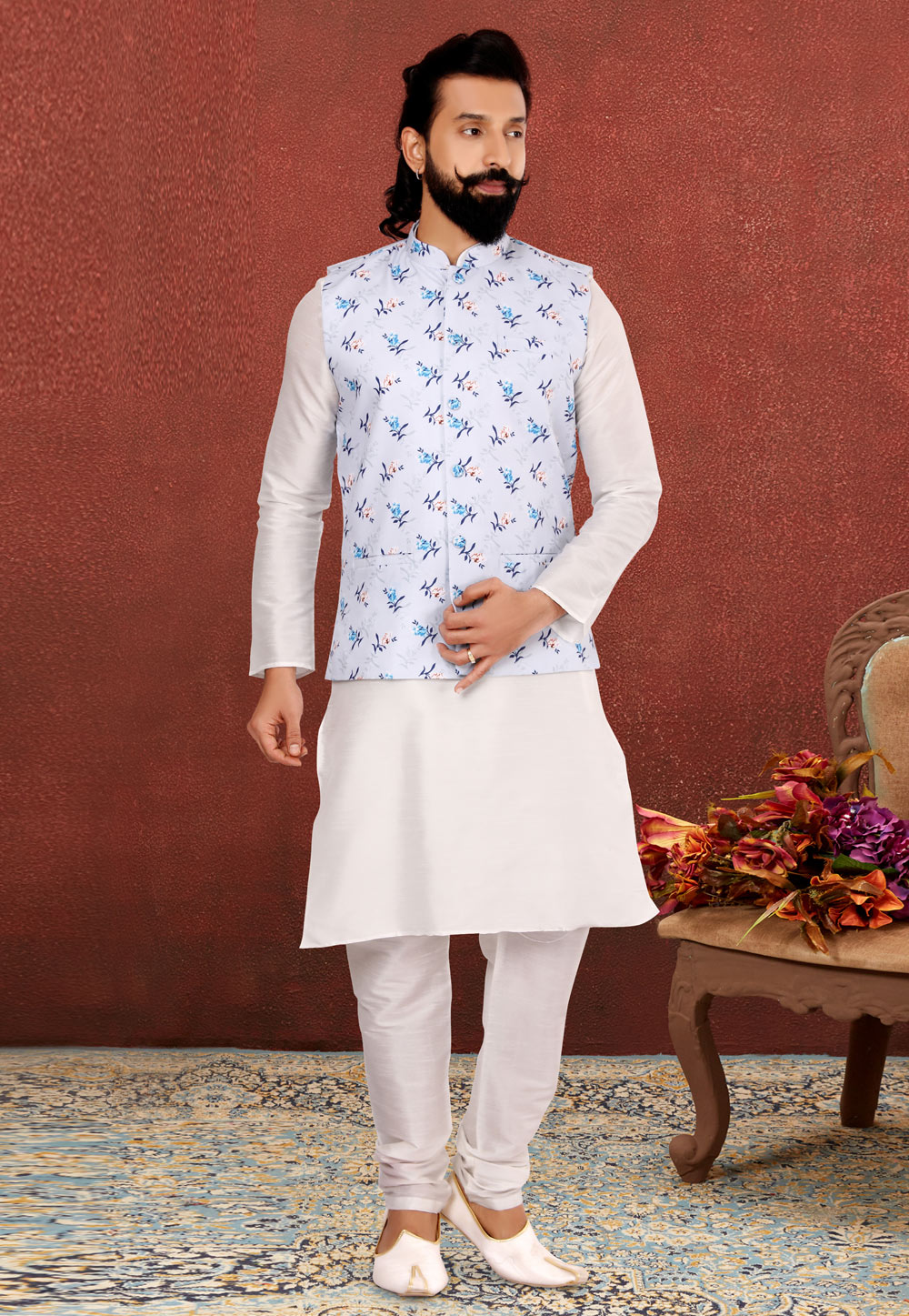 White Dupion Silk Kurta Pajama With Jacket 238508