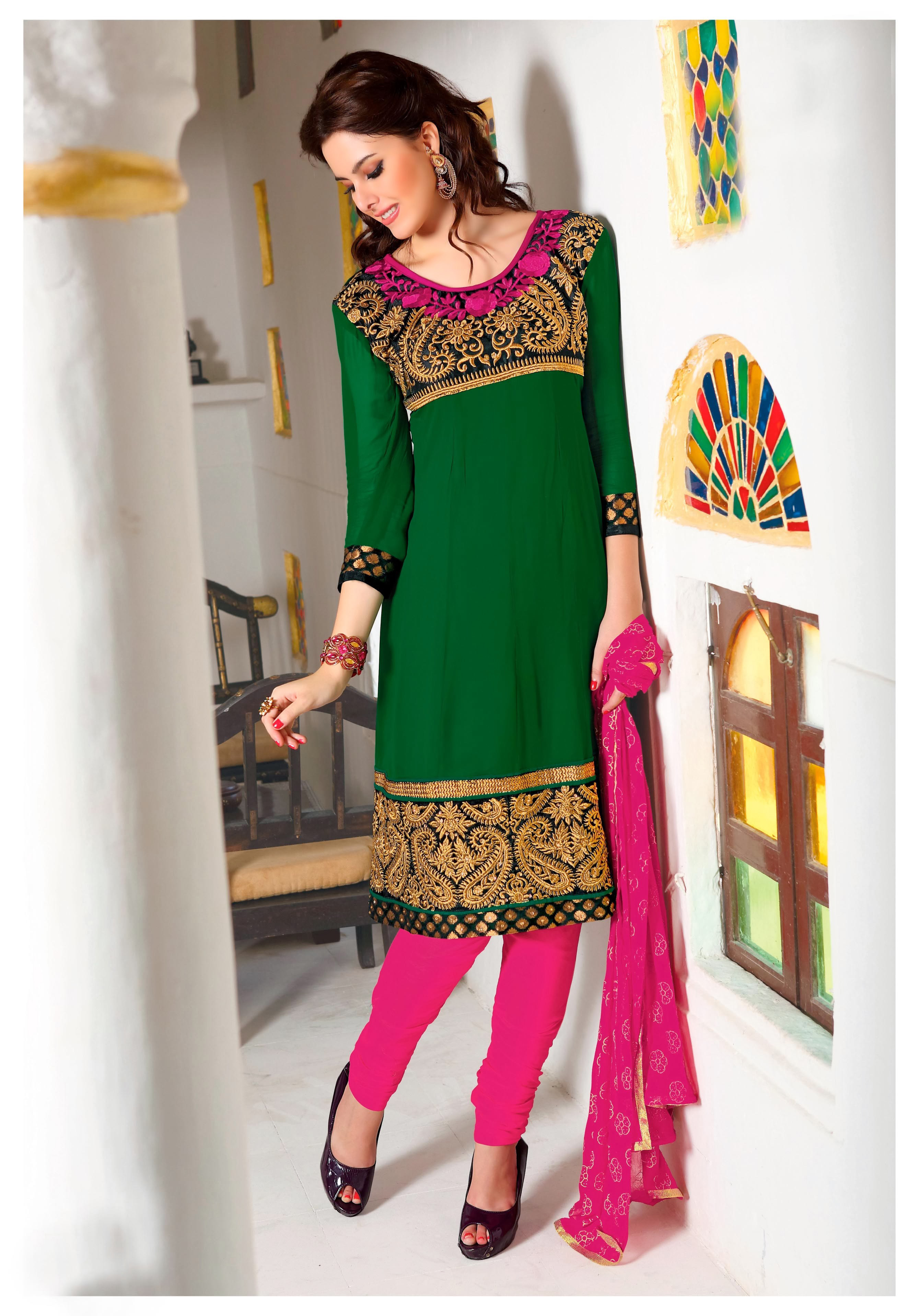 Green Faux Georgette Embroidered Churidar Suit 28173