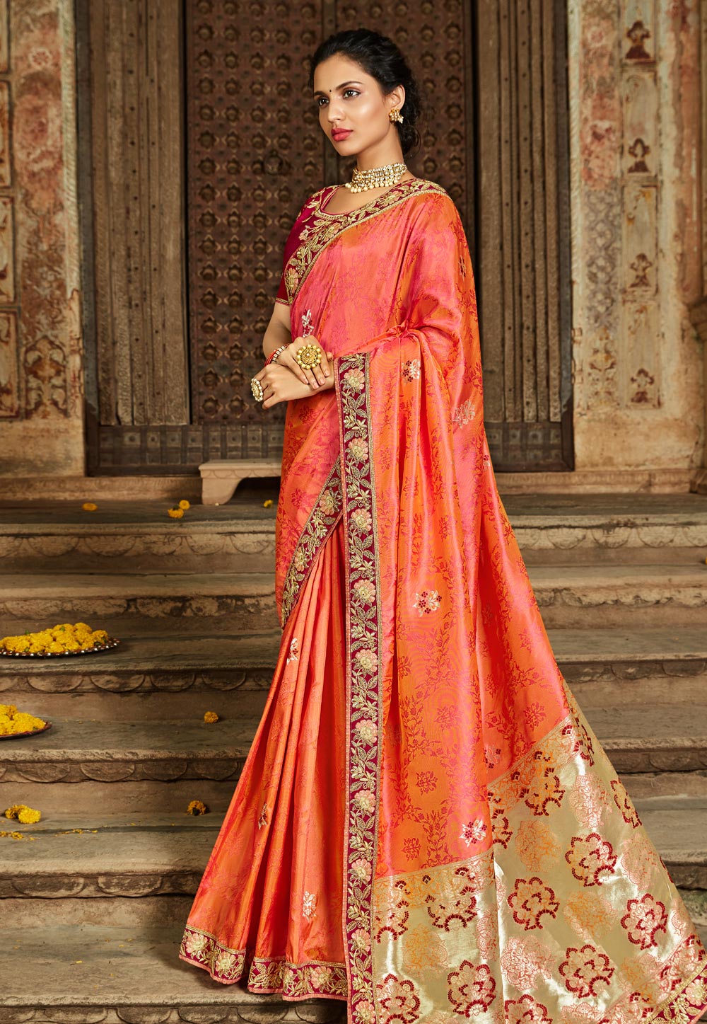 Orange Banarasi Silk Festival Wear Saree 203048