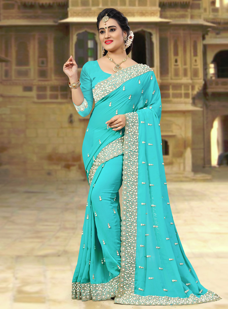 Aqua Georgette Saree With Blouse 143442