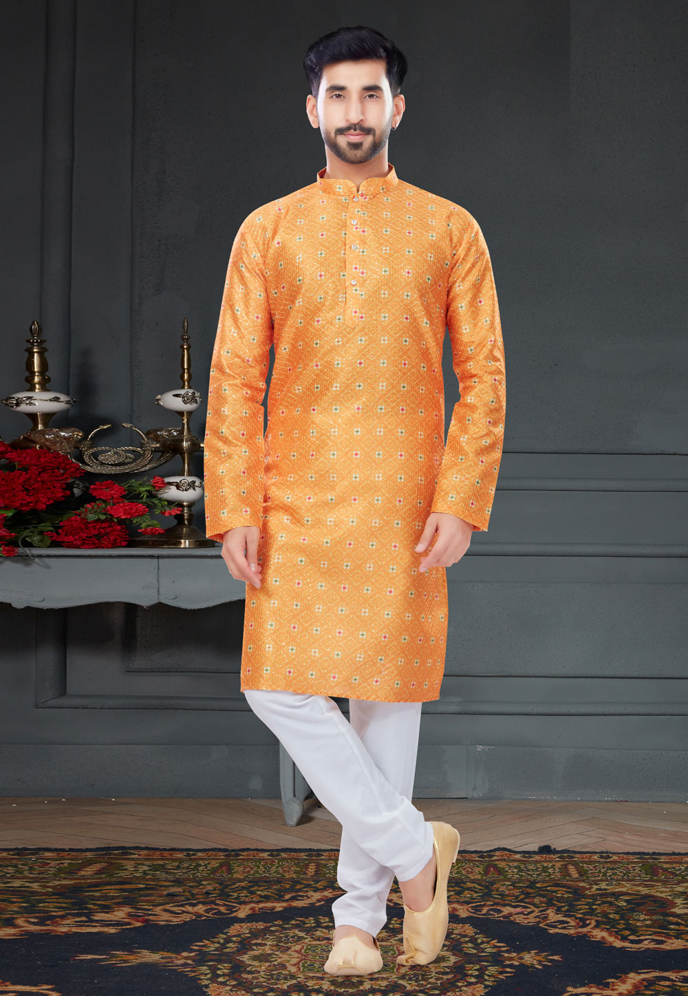 Orange Silk Kurta Pajama 258615
