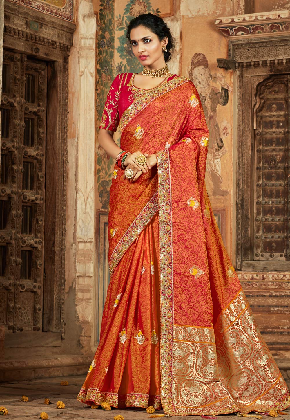 Orange Banarasi Silk Saree With Blouse 203057
