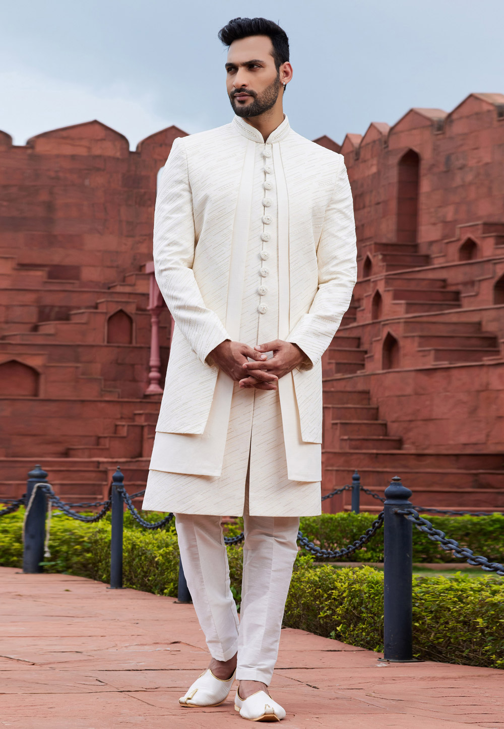 Off White Art Silk Jacket Style Sherwani 275752