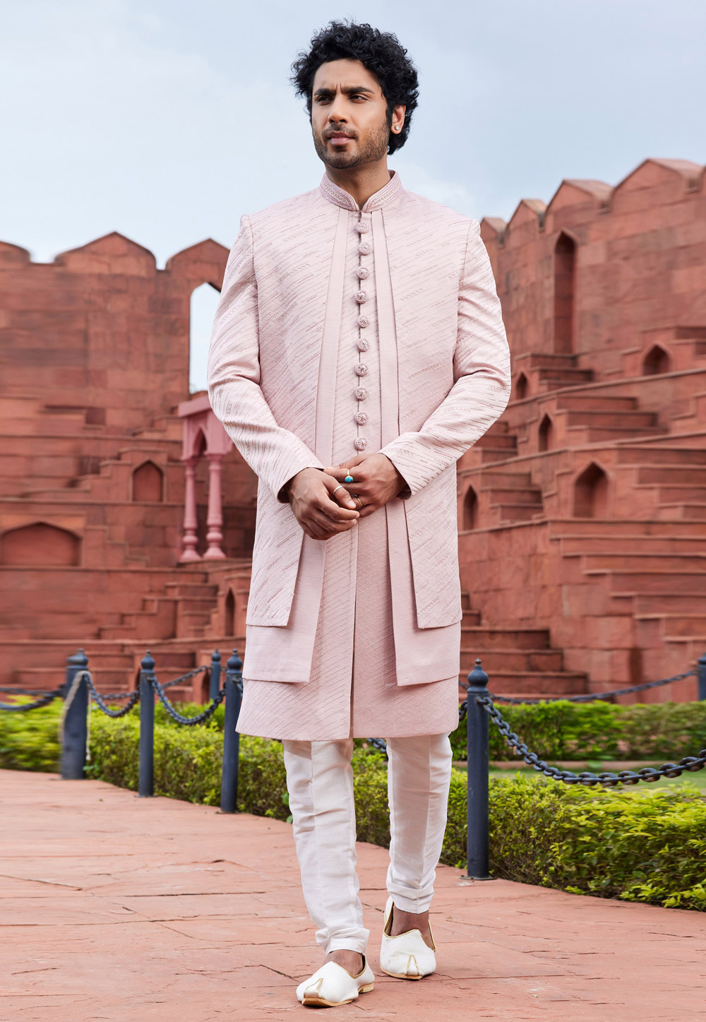 Light Pink Art Silk Jacket Style Sherwani 275753