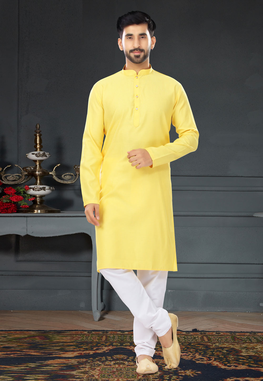 Yellow Cotton Jacquard Kurta Pajama 258618