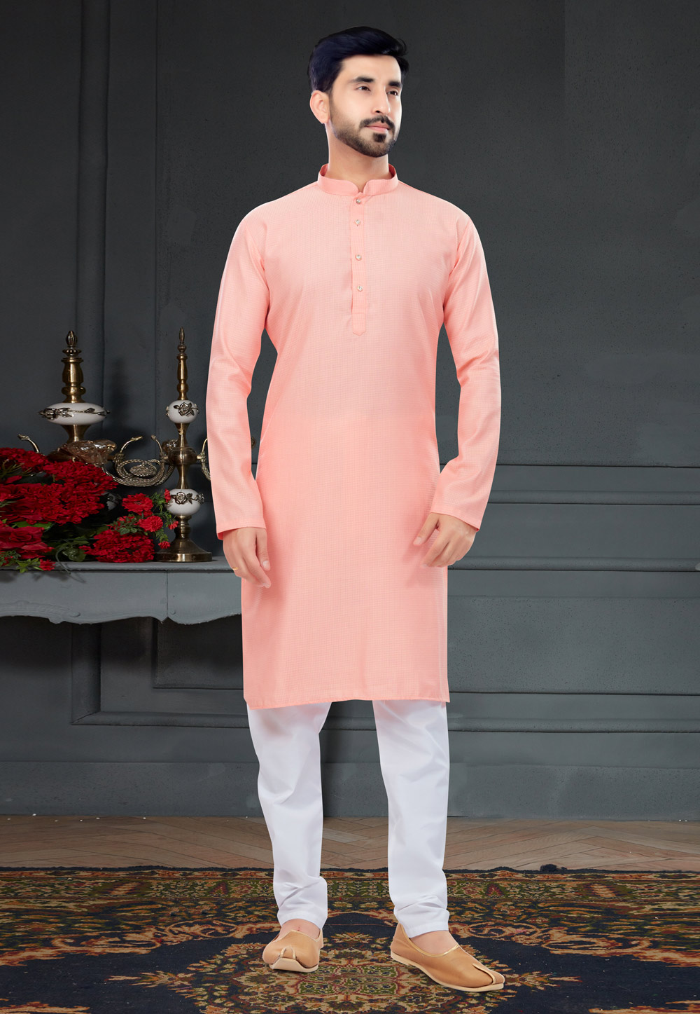 Pink Cotton Jacquard Kurta Pajama 258623
