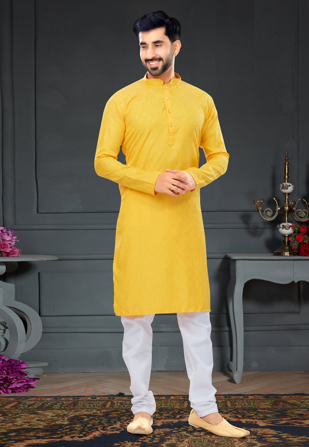 Yellow Cotton Jacquard Kurta Pajama 258625