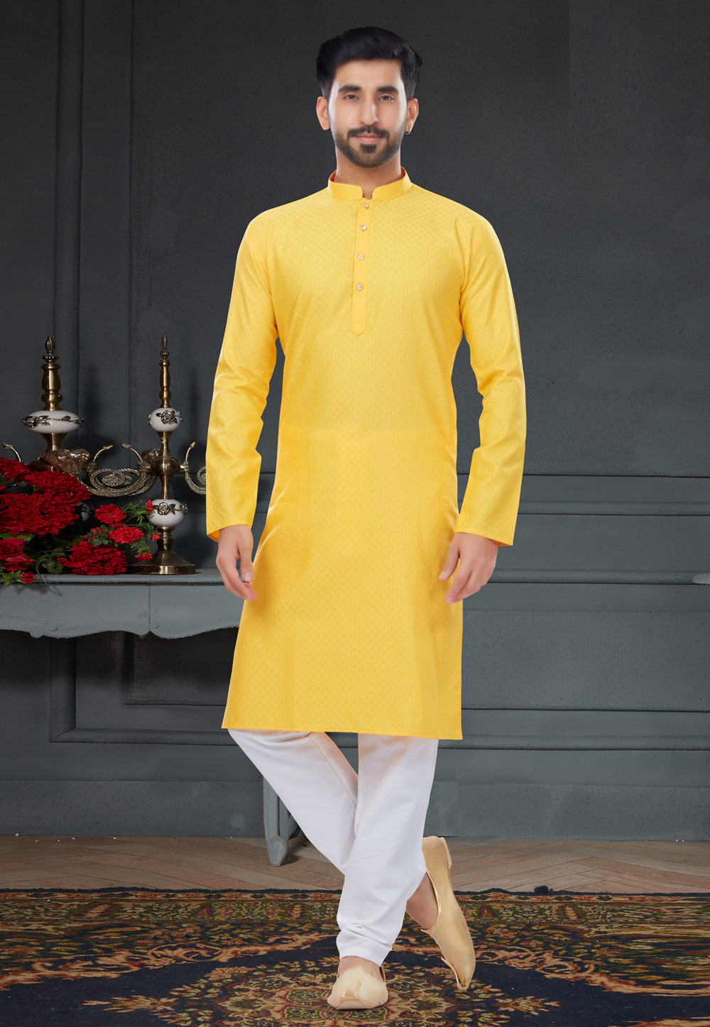 Yellow Cotton Jacquard Kurta Pajama 258627