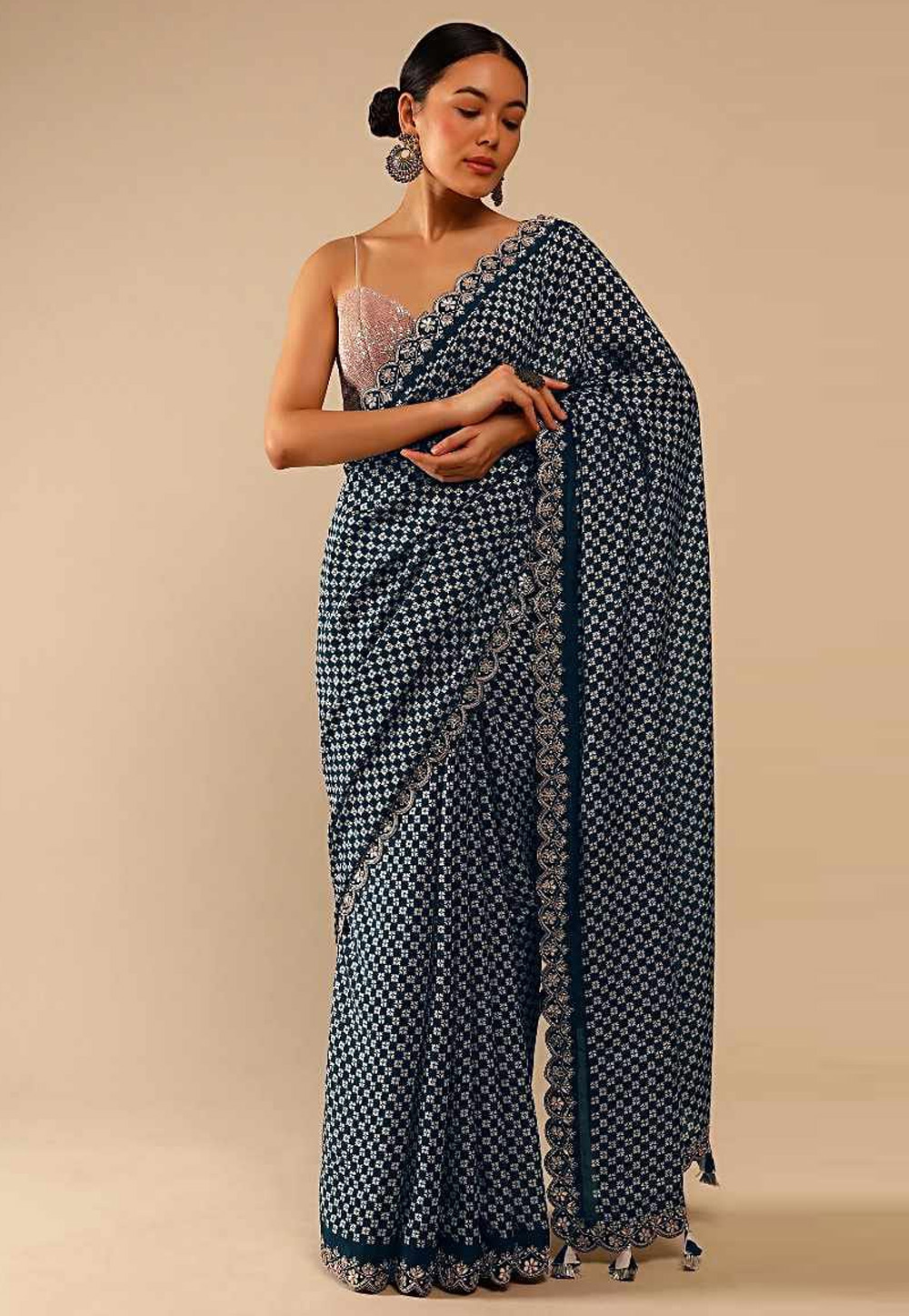 Navy Blue Chinon Saree With Blouse 265948
