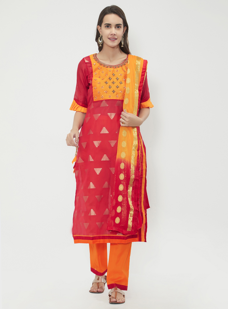 Pink Chanderi Cotton Pant Style Suit 144614