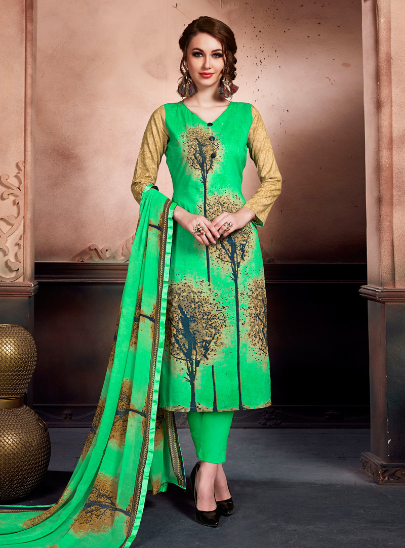 Green Glace Cotton Pakistani Style Suit 137230