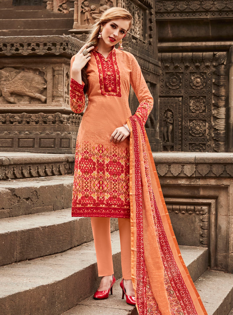 Peach Cambric Cotton Pakistani Style Suit 138446