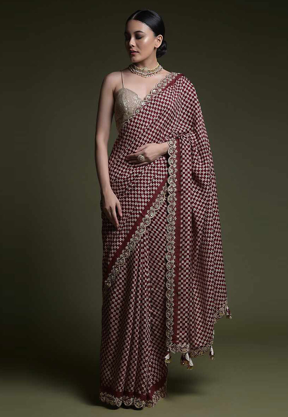 Maroon Chinon Saree With Blouse 265949