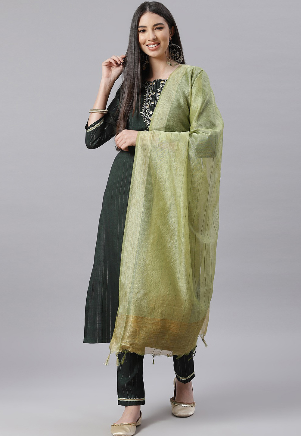 Green Cotton Readymade Pant Style Suit 236922