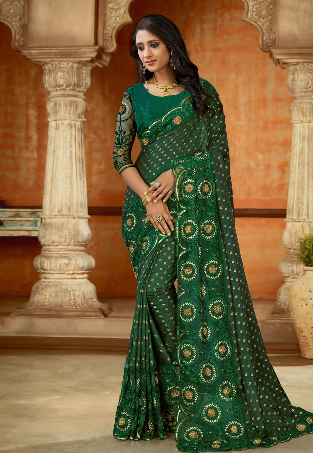 Green Satin Saree With Blouse 213359