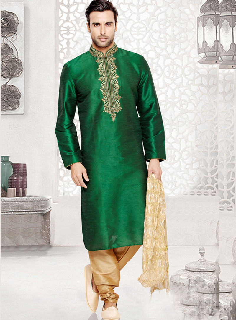 Green Dupion Art Silk Readymade Kurta With Pajama 69536