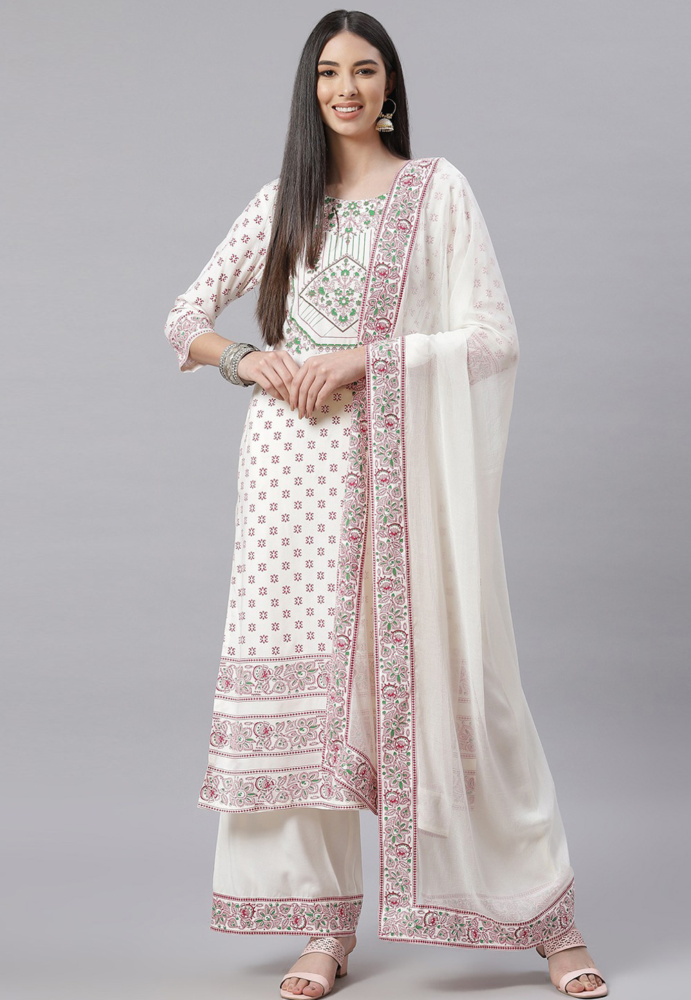 Off White Cotton Readymade Palazzo Suit 236925