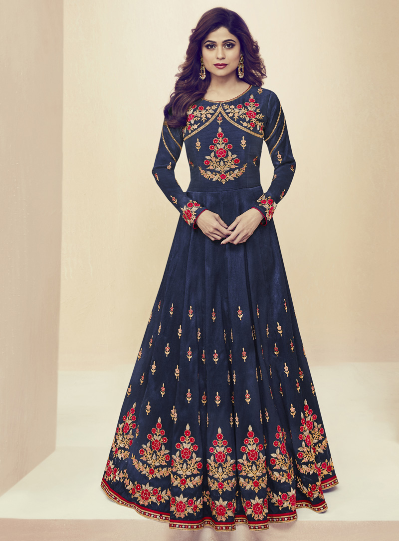 Shamita Shetty Navy Blue Silk Long Anarkali Suit 133500