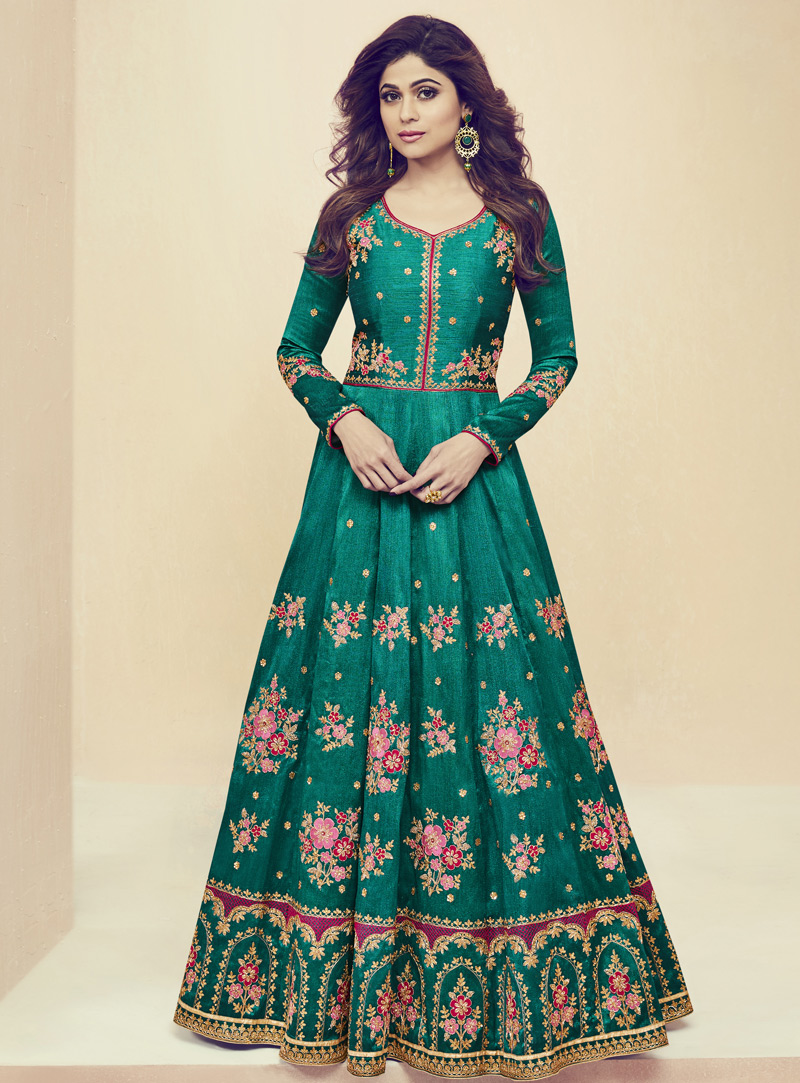 Shamita Shetty Sea Green Silk Floor Length Anarkali Suit 133501