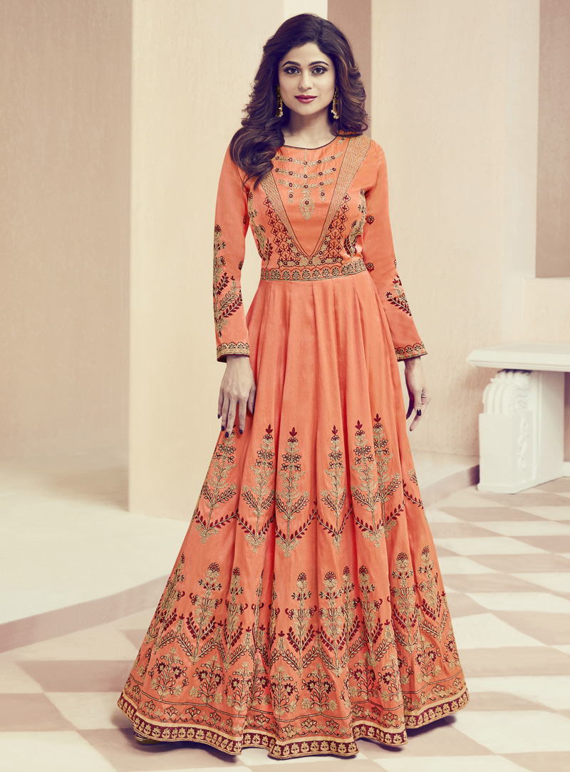 Shamita Shetty Orange Silk Floor Length Anarkali Suit 133503