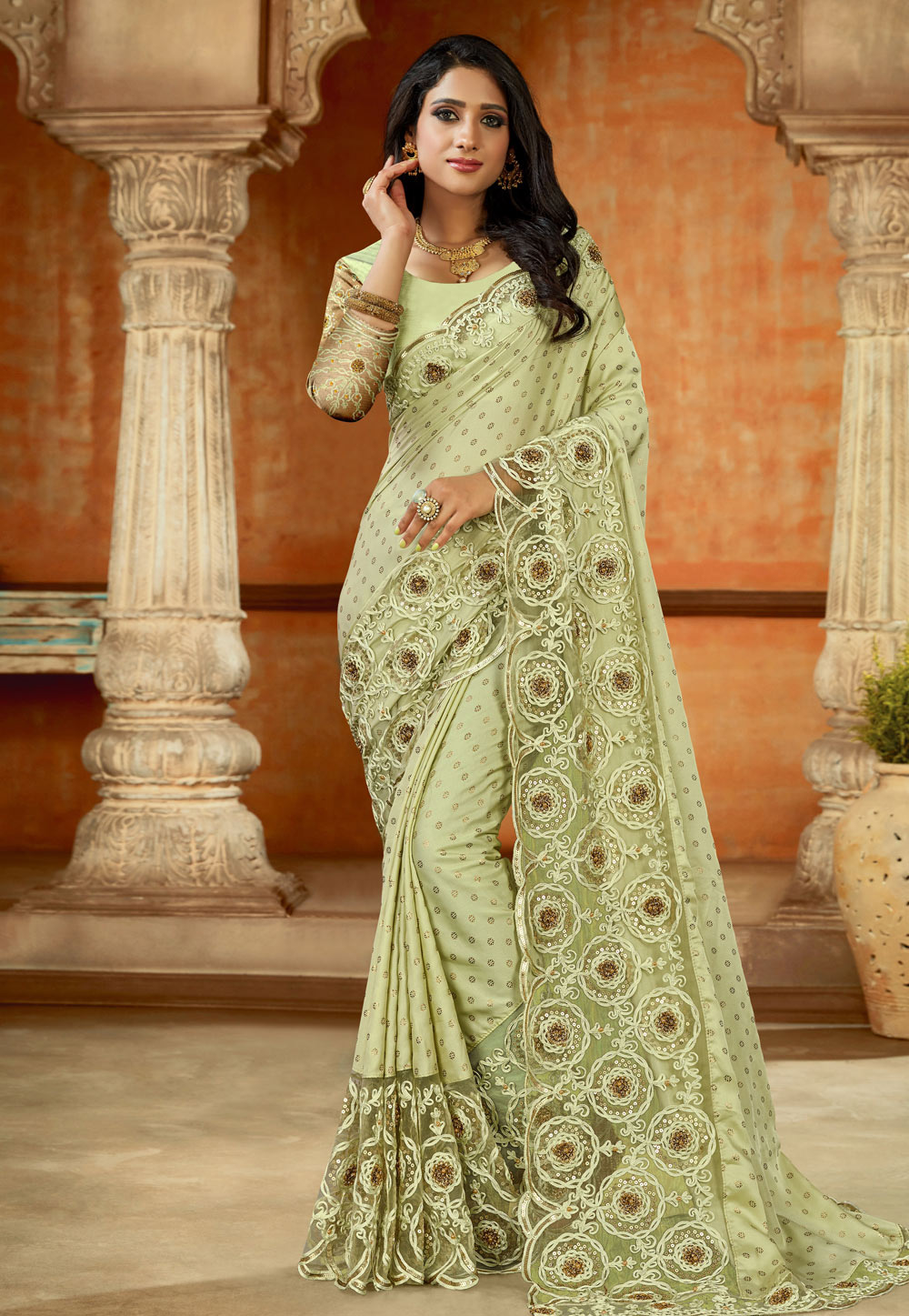 Light Green Satin Saree With Blouse 213365