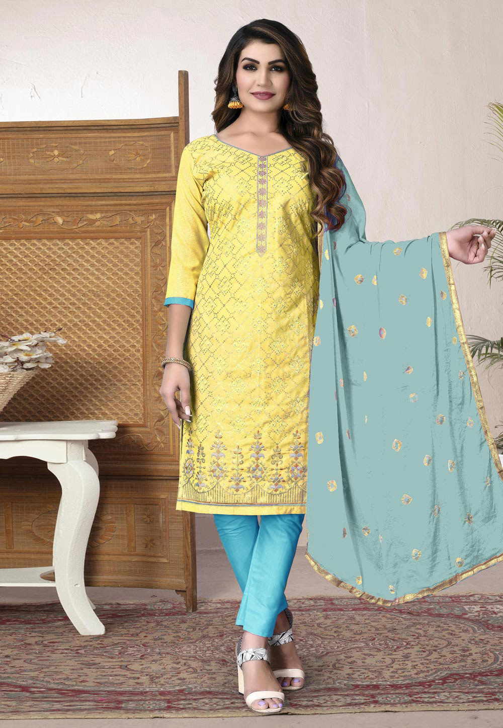 Yellow Cotton Pant Style Suit 246890