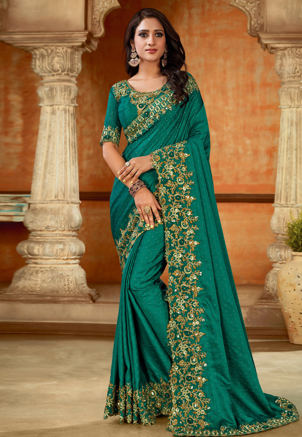 Green Satin Saree With Blouse 213369