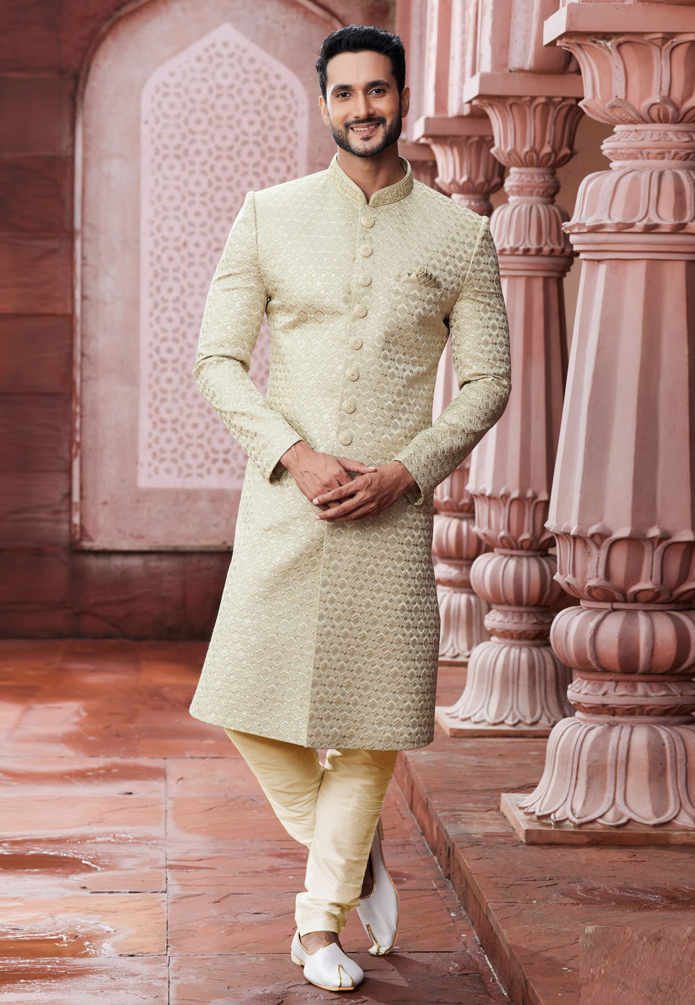 Beige Art Silk Achkan Style Sherwani 275780