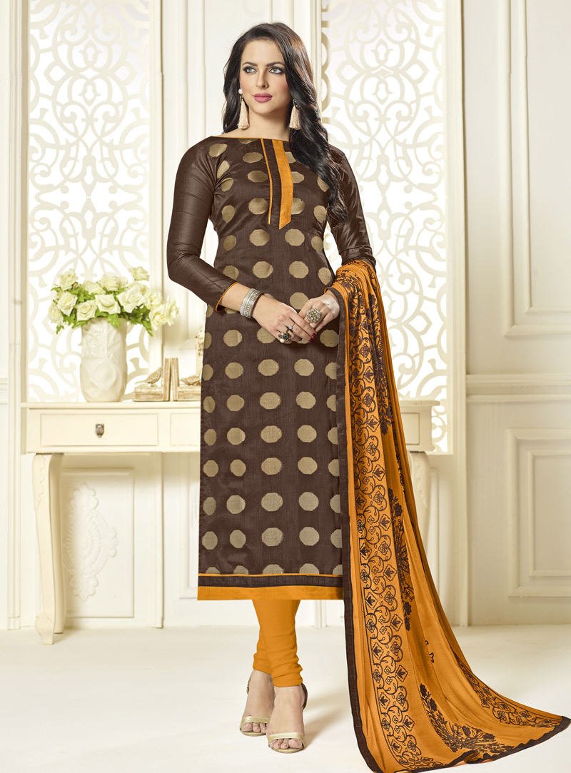 Brown Banarasi Jacquard Churidar Suit 142657