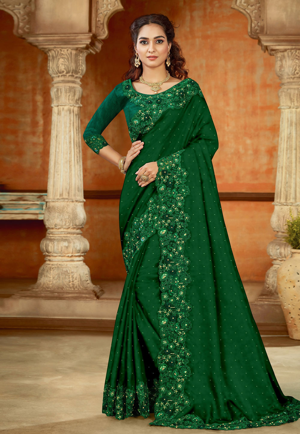 Green Satin Festival Wear Saree 213380