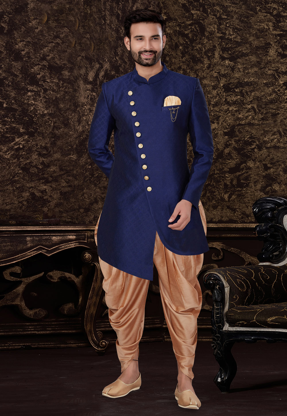 Navy Blue Jacquard Silk Indo Western Suit 231113