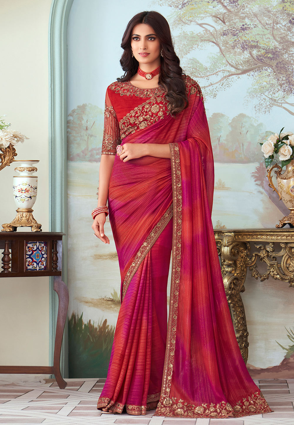 Rust Shimmer Saree With Blouse 255344