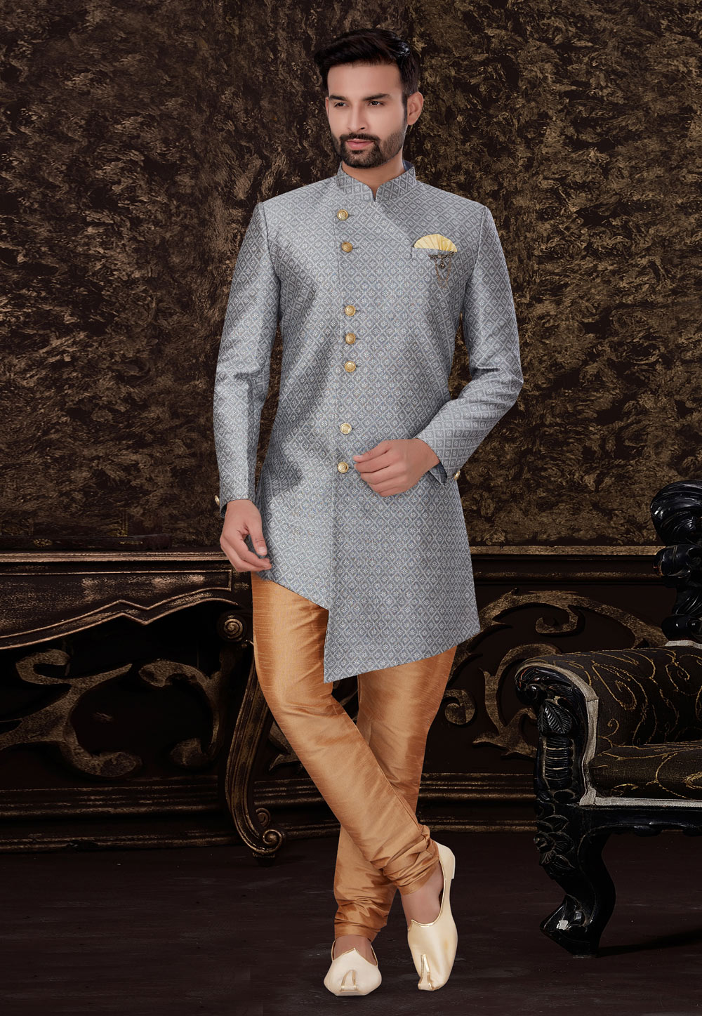Grey Jacquard Silk Indo Western Suit 231114