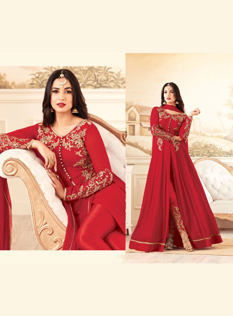 Sonal Chauhan Red Georgette Center Slit Pant Style Suit 126046