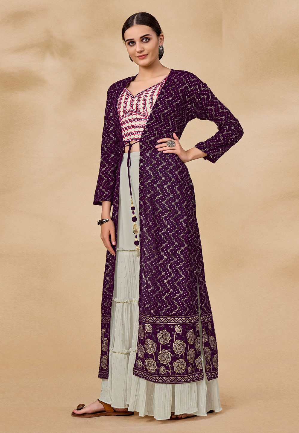 Purple Georgette Readymade Jacket Style Suit 256274