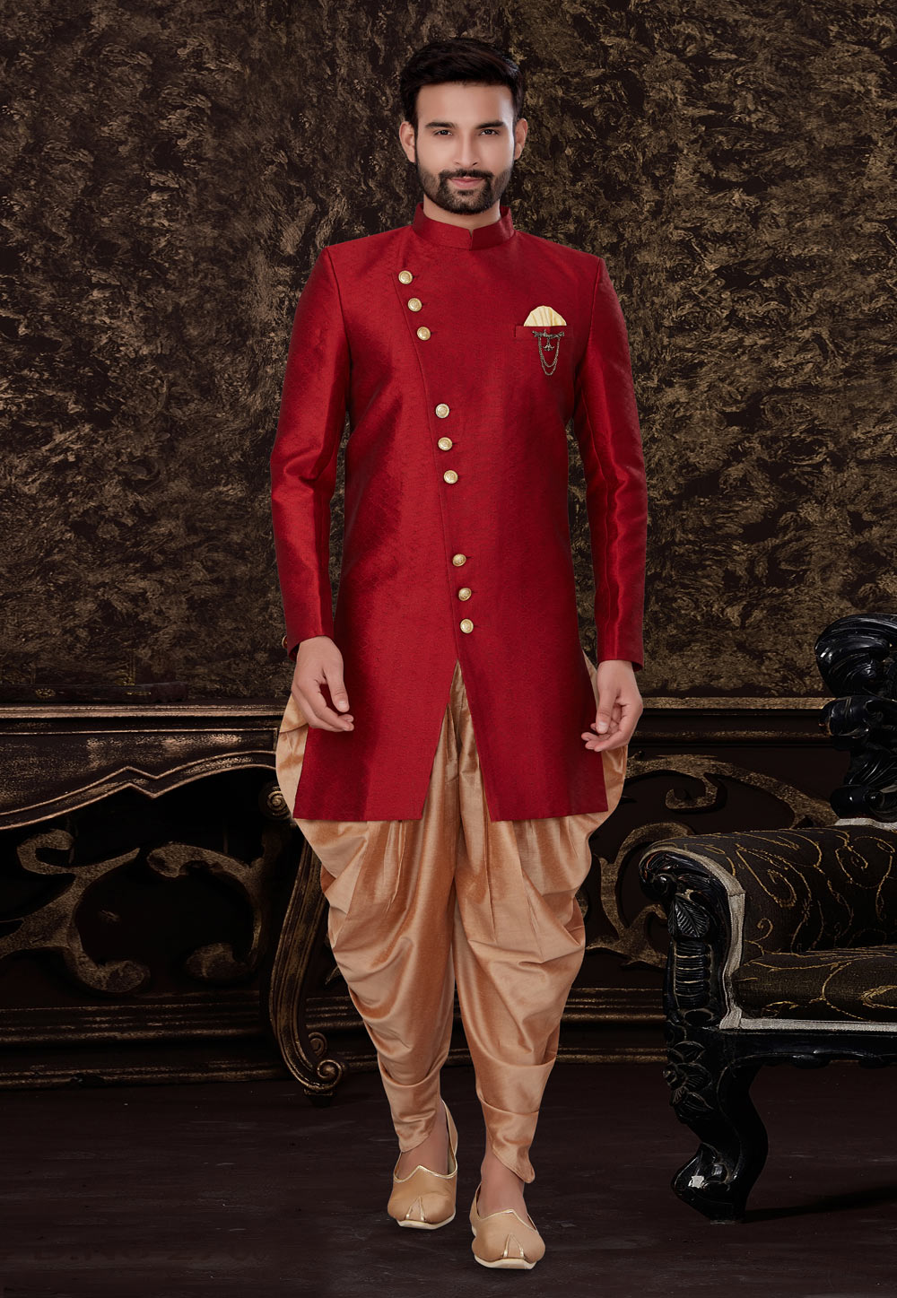 Maroon Jacquard Silk Indo Western Suit 231115